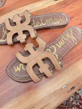 Sam Edelman Tan Slide Sandals with Logo Cutout